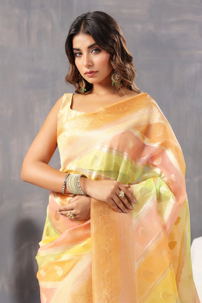 Orange Color Color Organza Golden Zari Woven Saree