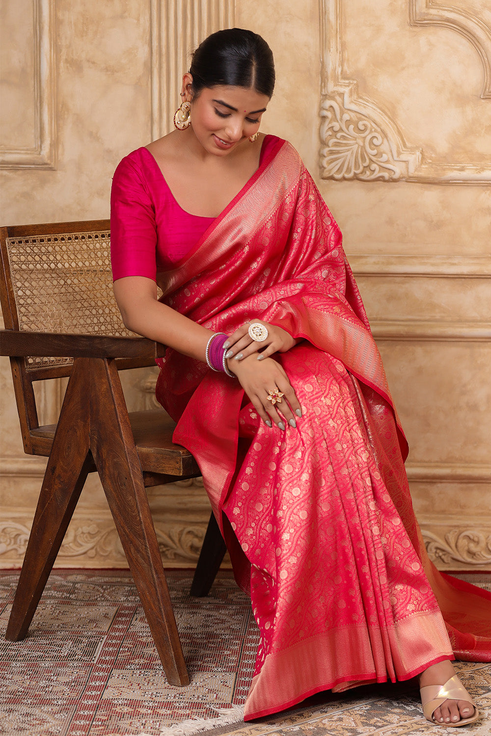 Fuschia Pink Silk Woven Saree