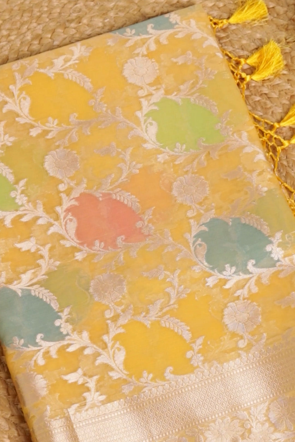 Yellow Color Organza Cotton Golden Zari Woven Saree