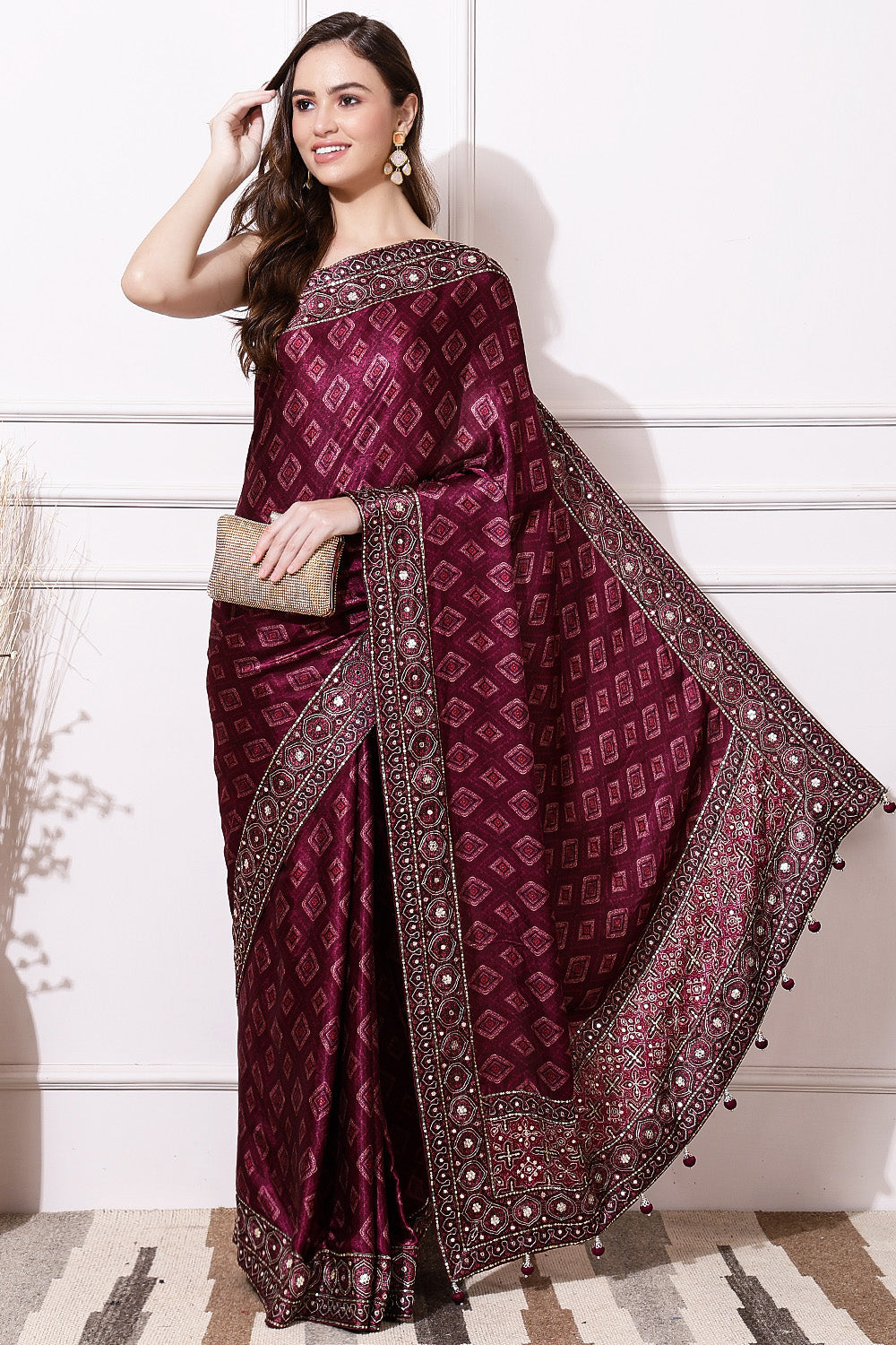 Dark Scarlet Color Aari Work Gajji Silk Saree