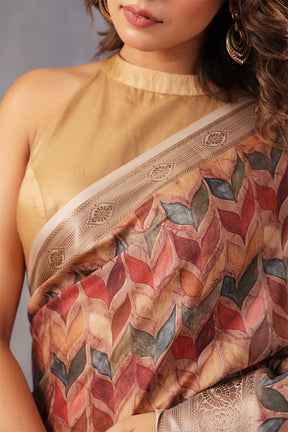 Brown Color Cotton Printed Saree