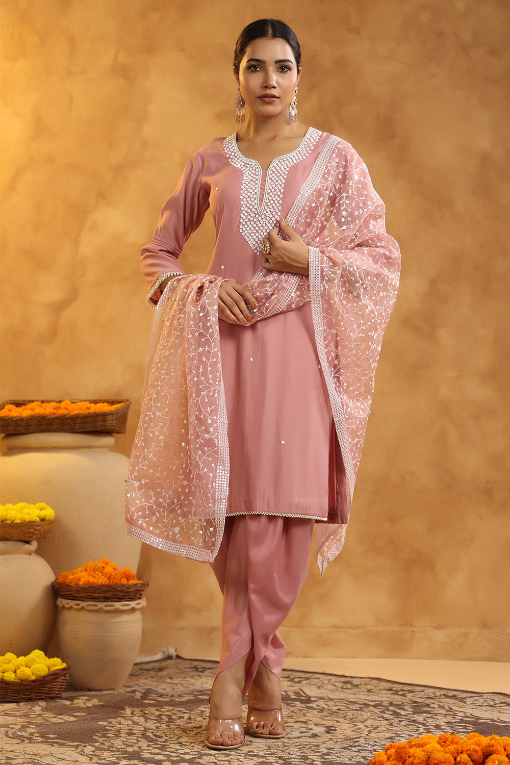 Dusty Pink Color Cotton Neck Embroidered Unstitched Suit Fabric