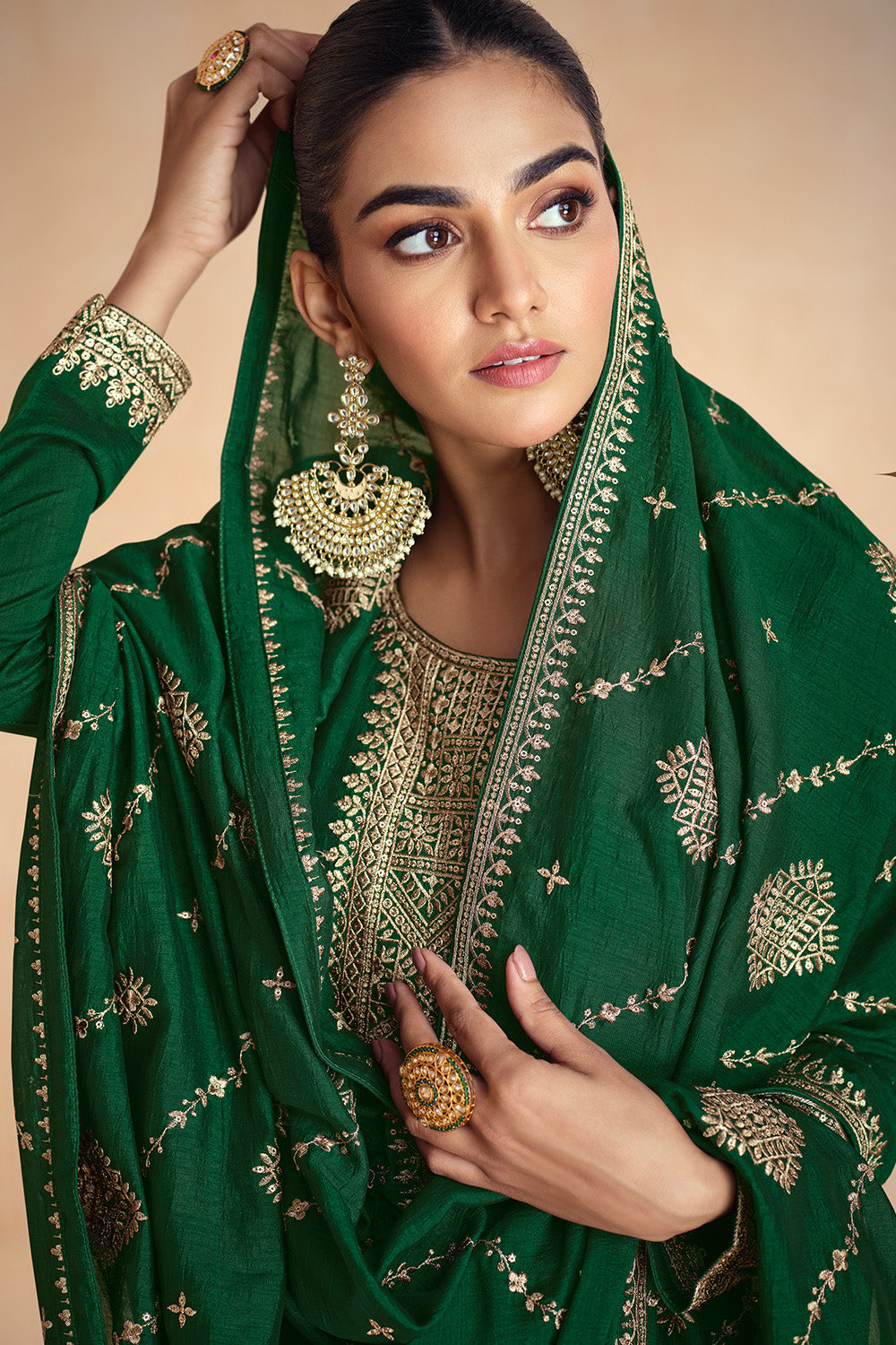 Bottle Green Color Silk Embroidered Anarkali Suit