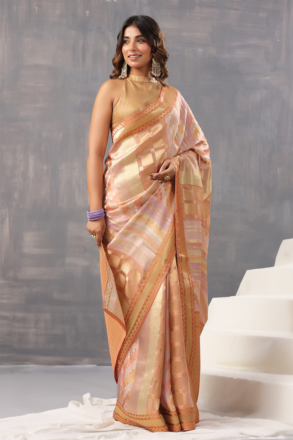 Peach & Beige Color Crepe Silk Woven Saree