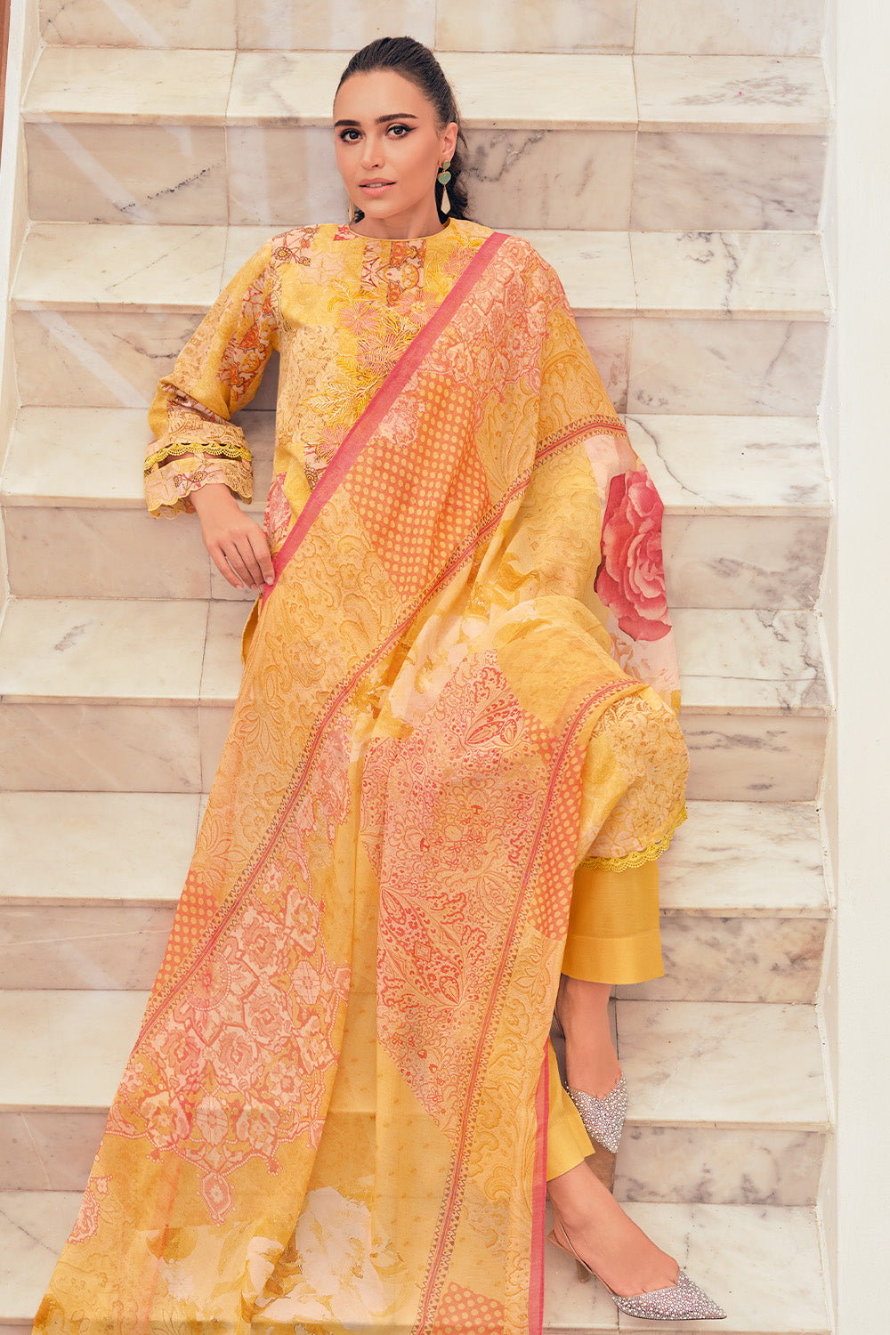 Mustard Colour Cotton Floral Printed Unstitched Suit Material