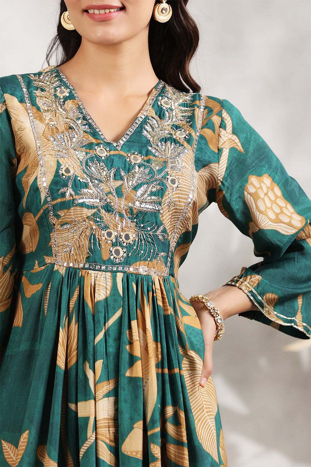 Teal Color Neck Embroidered & Printed Muslin Kurta Set