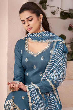 Metallic Blue Color Chiffon Silk Thread Embroidered Unstitched Suit Fabric