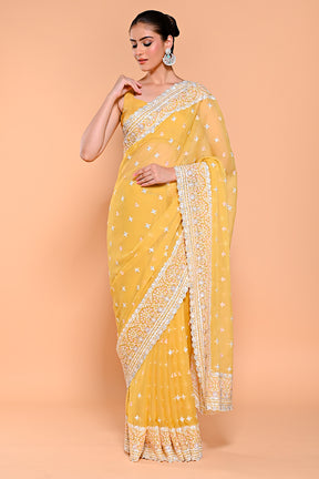 Pale Yellow Color Embroidered Crush Tissue Saree