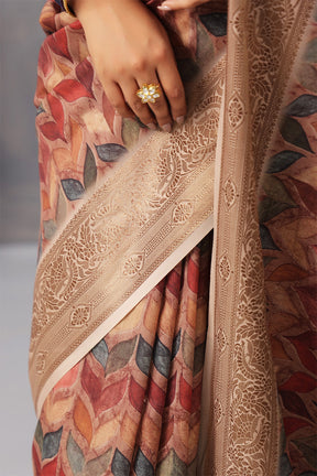 Brown Color Cotton Printed Saree