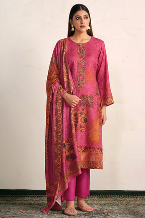 Deep Rose Color Spun Embroidered and Printed Unstitched Suit Material