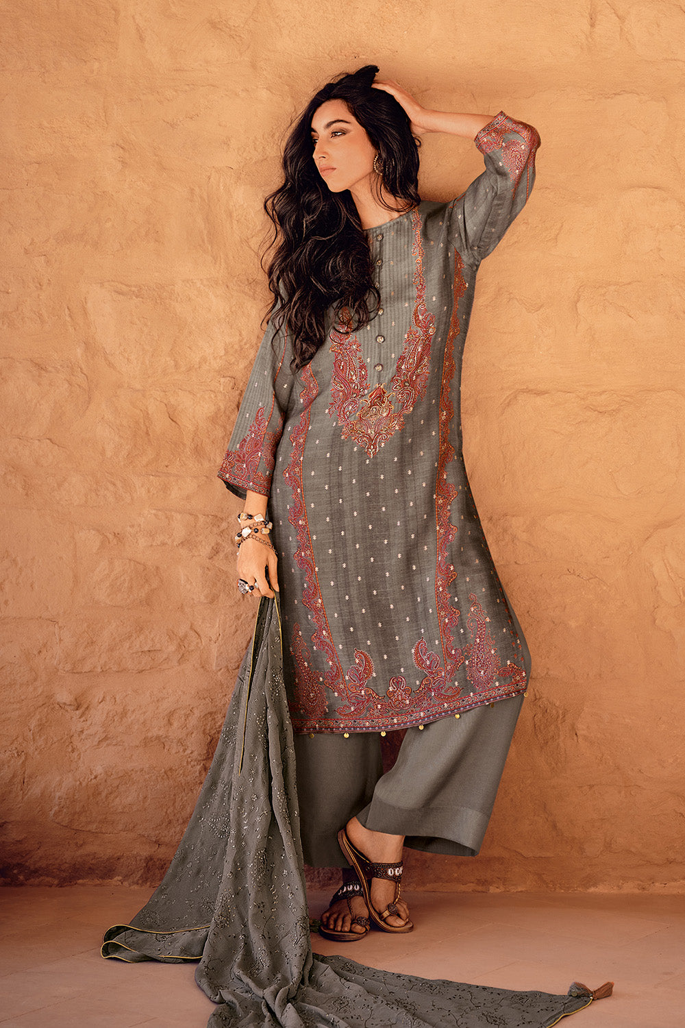 Grey Color Printed Tussar Cotton Unstitched Suit Material