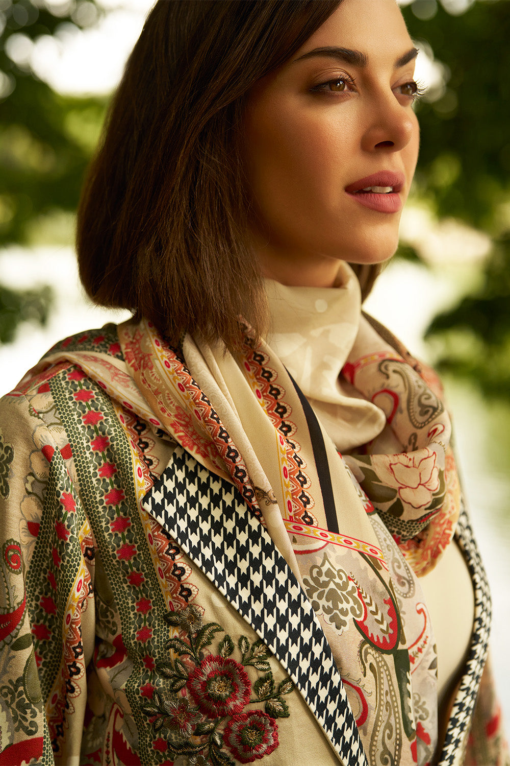 Beige Colour Resham Embroidered And Printed Unstitched Suit