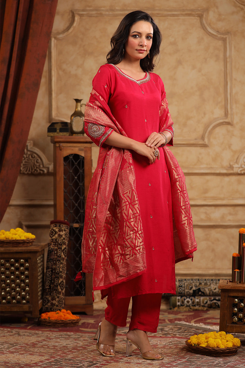 Red Color Silk Embroidered Straight Suit With Woven Dupatta