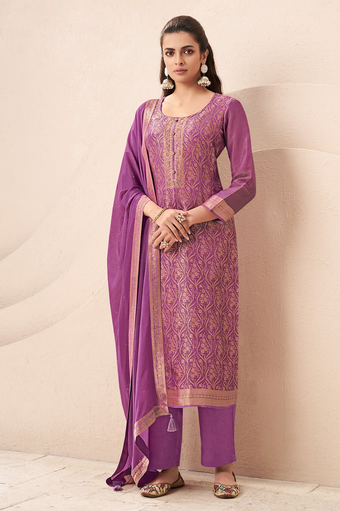 Light Plum Color Tissue Silk Zari Woven Unstitched Suit Fabric