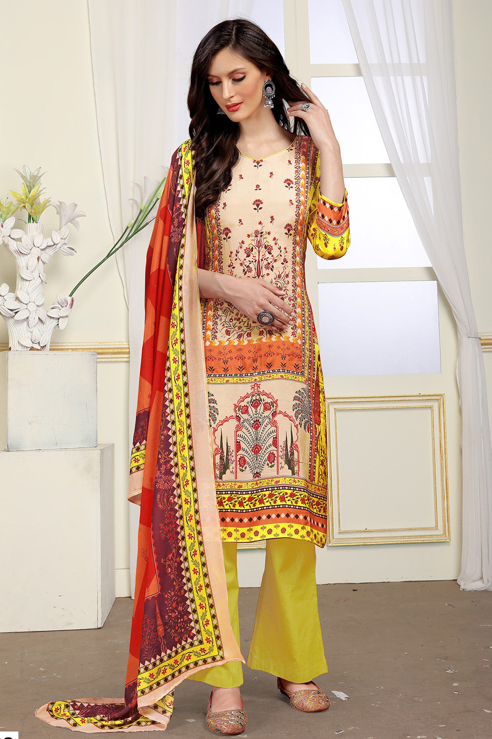 Mustard Color Digital Printed Crepe Unstitched Suit Fabric