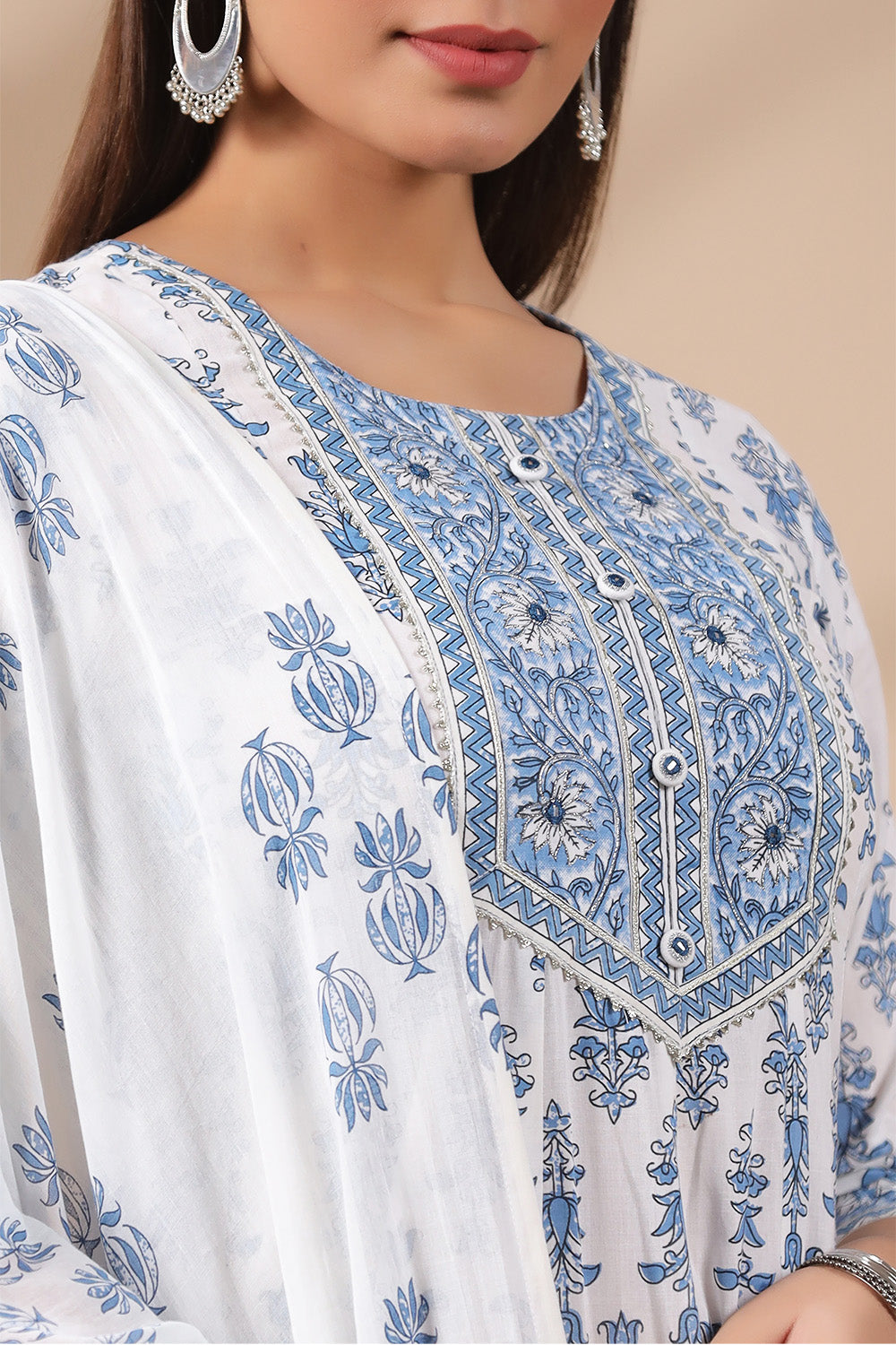 Cream & Blue Color Floral Printed Cotton Anarkali Suit