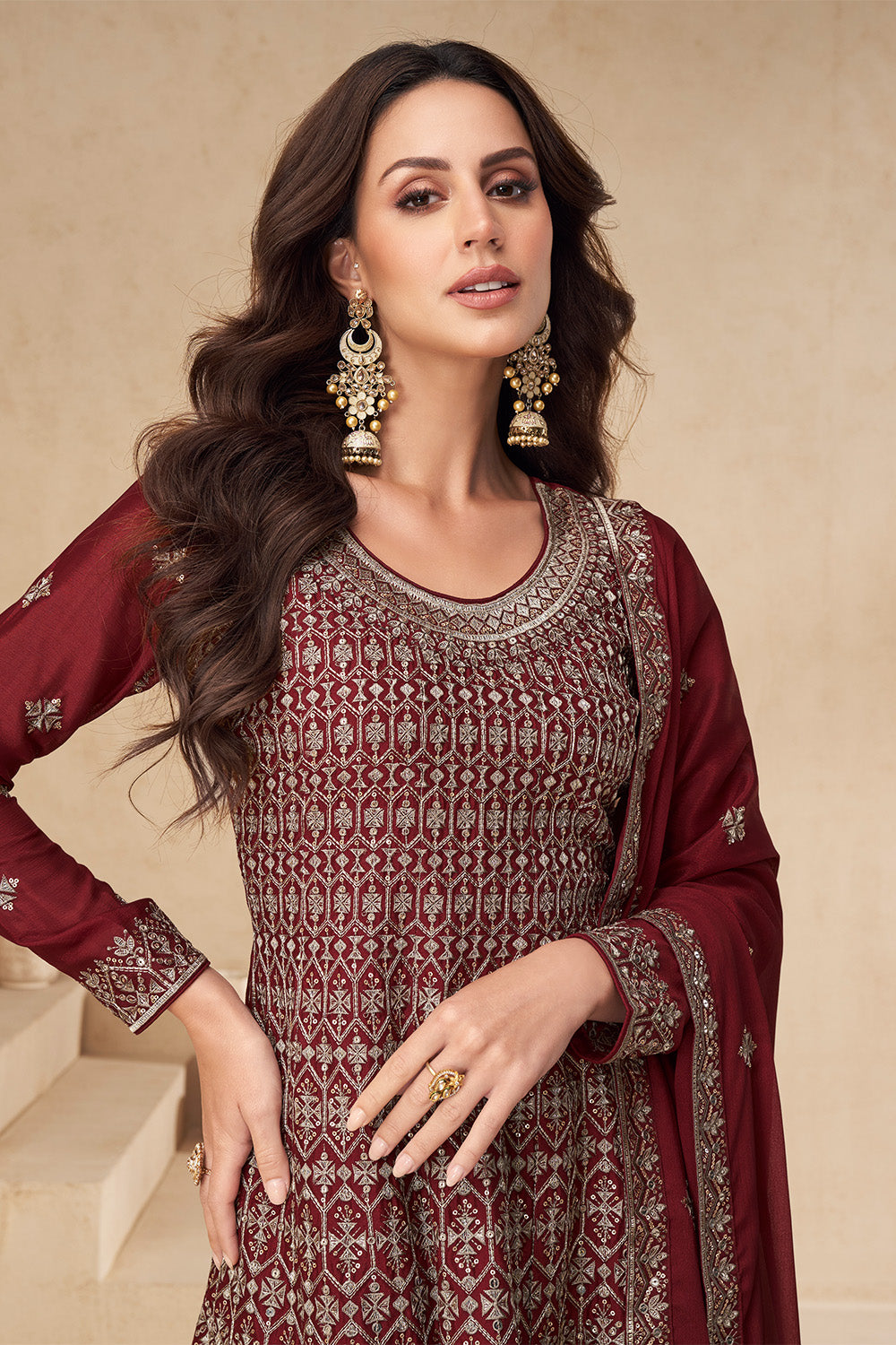 Maroon Color Crepe Embroidered Suit With Palazzo