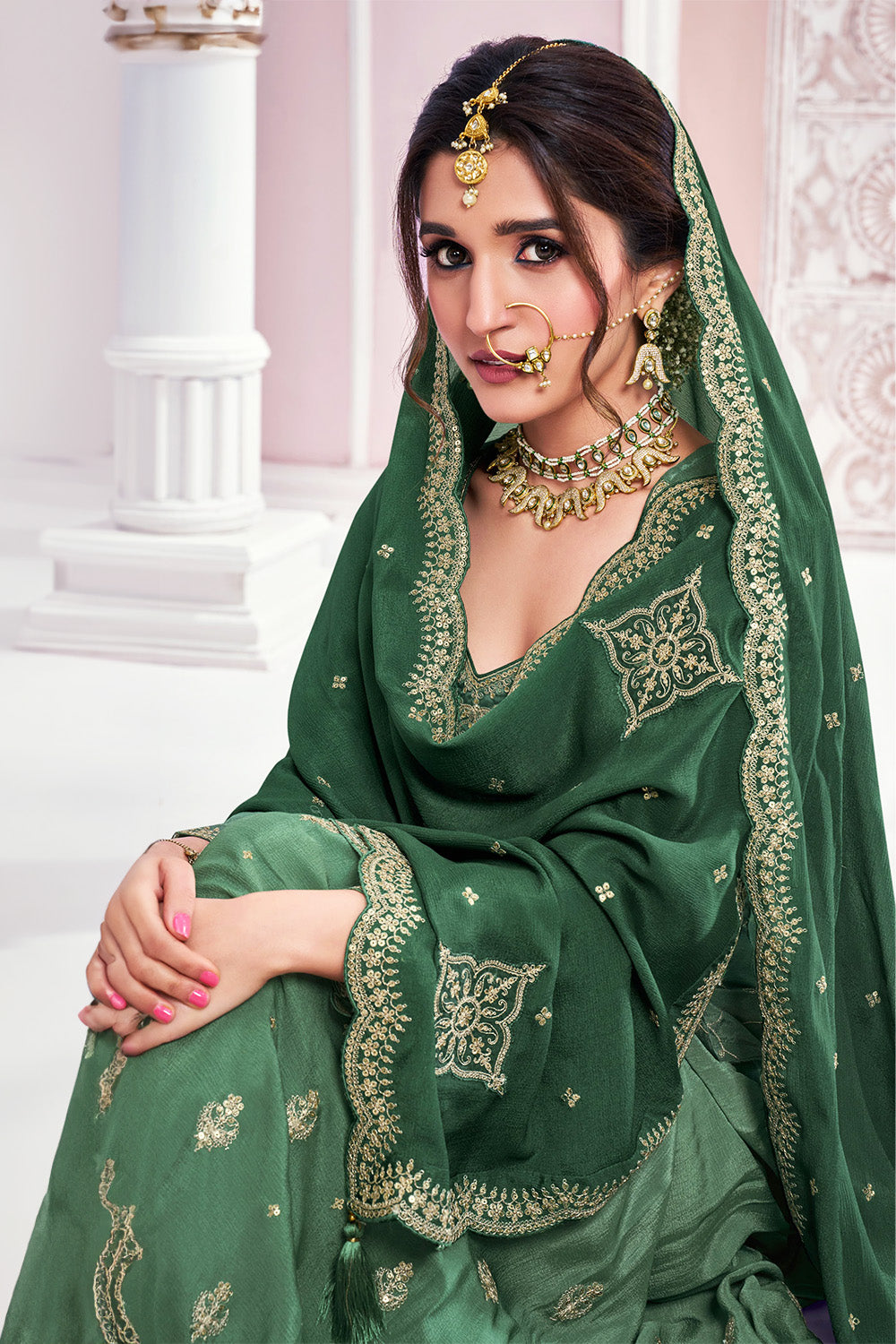 Green Color Chinon Crepe Embroidered Unstitched Suit Fabric With Stitched Sharara