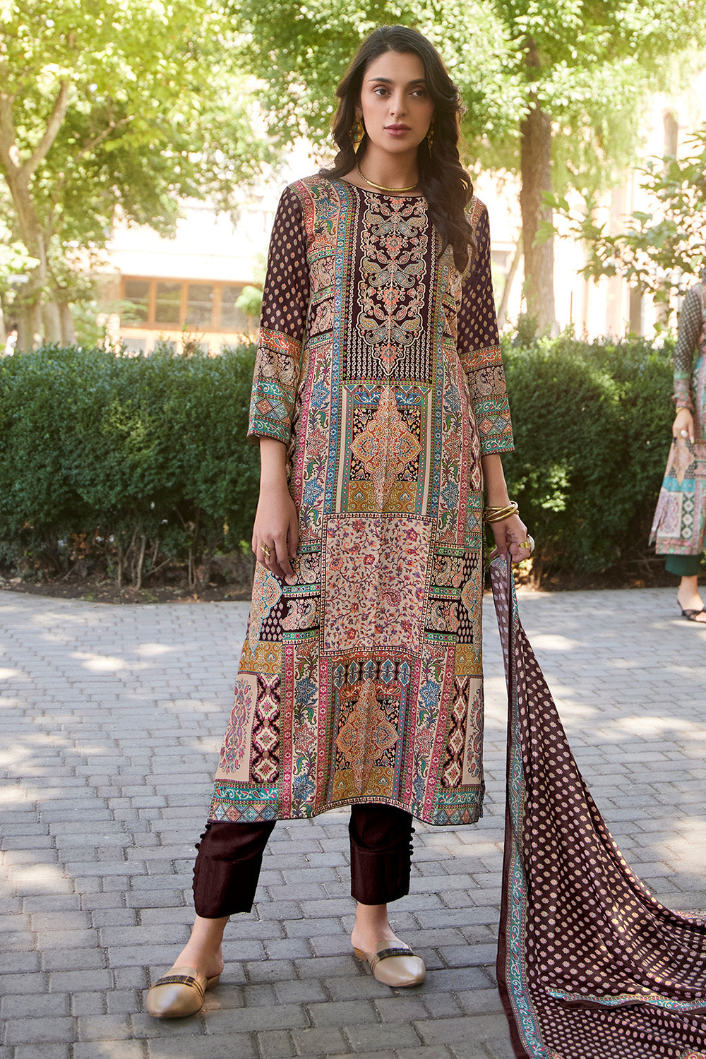 Brown Spun Printed Unstitched Suit Fabric