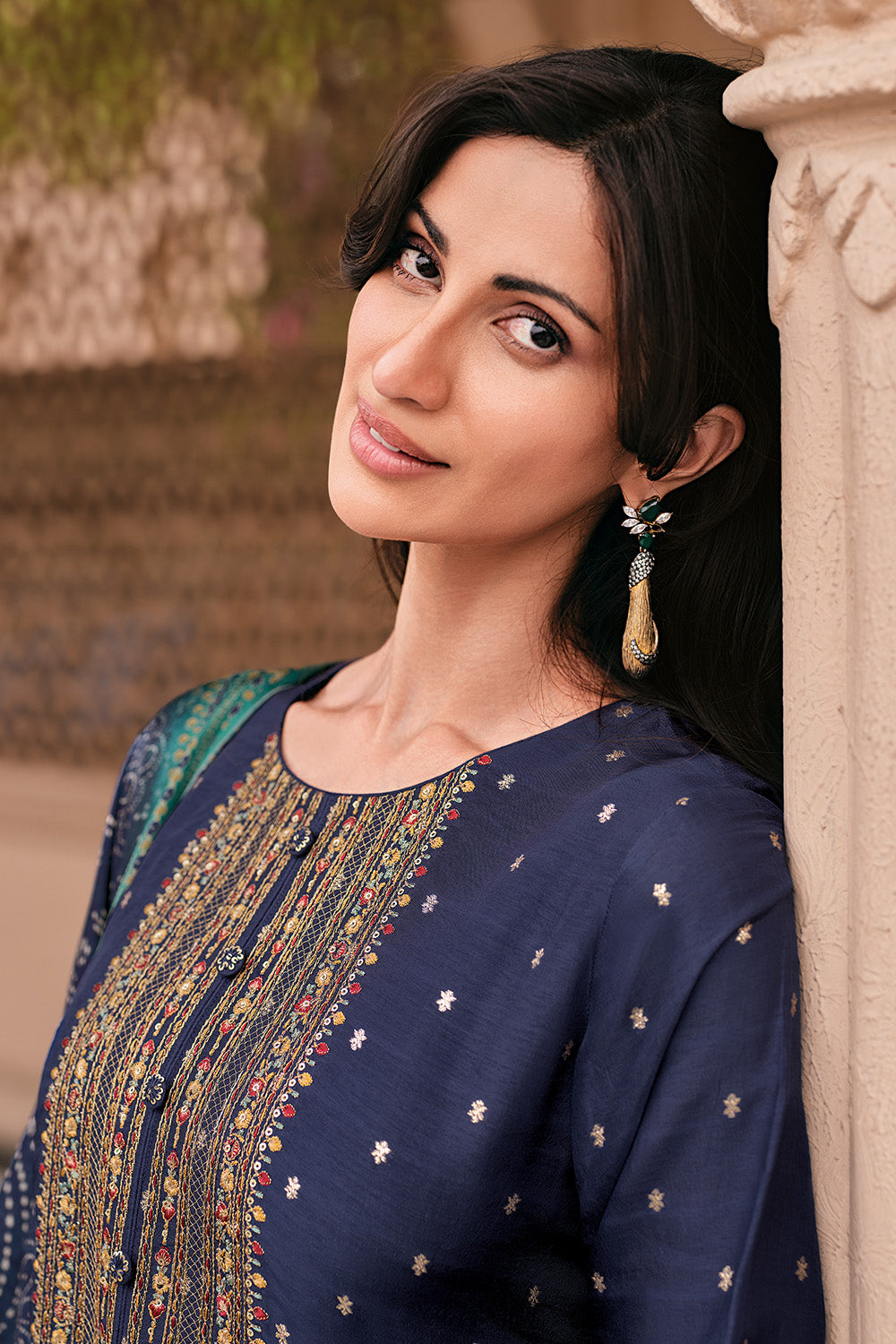 Navy Color Silk Embroidered Unstitched Suit Material