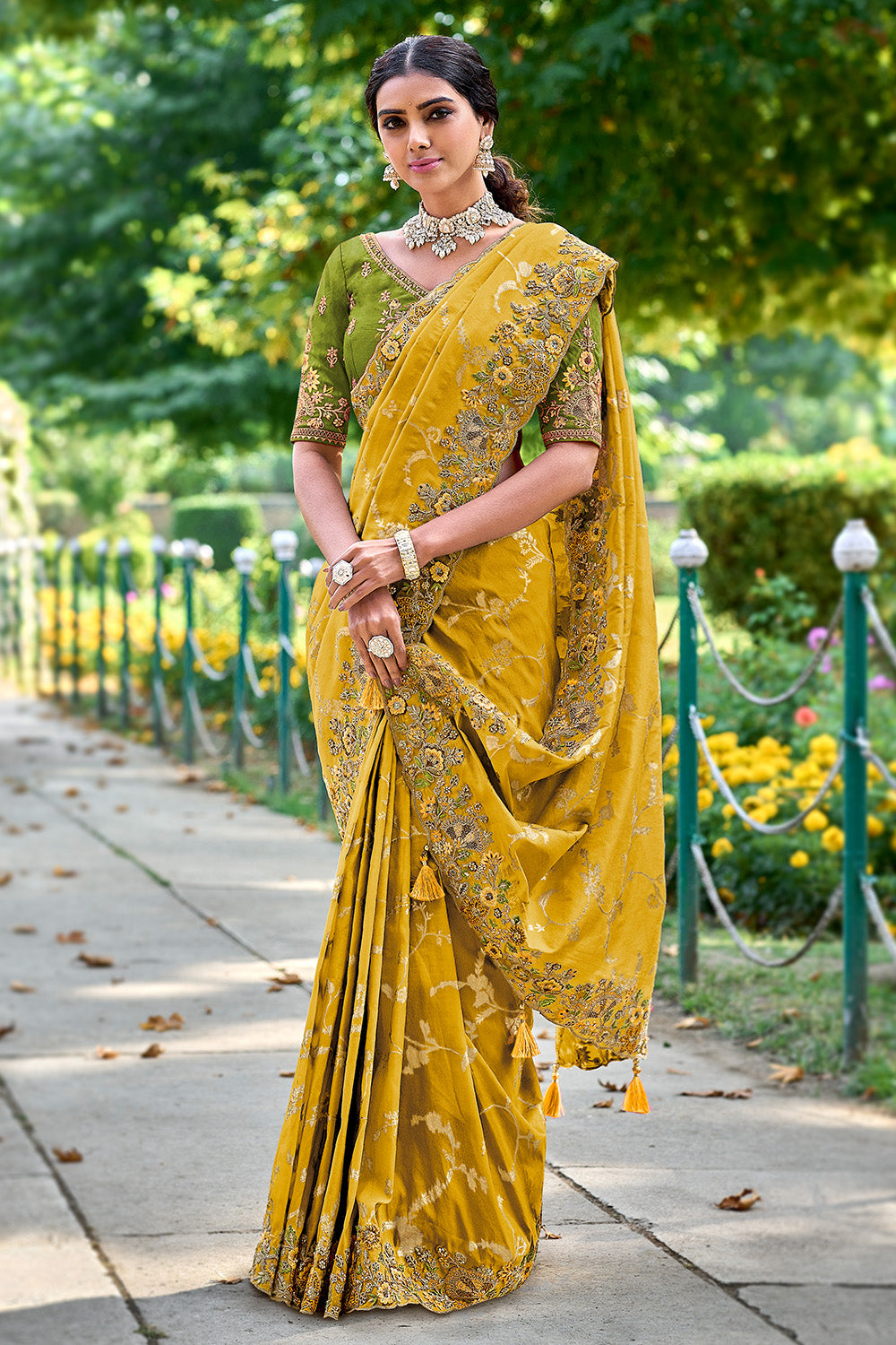 Mustard Color Organza Tissue Fabric Woven & Embroidered Saree