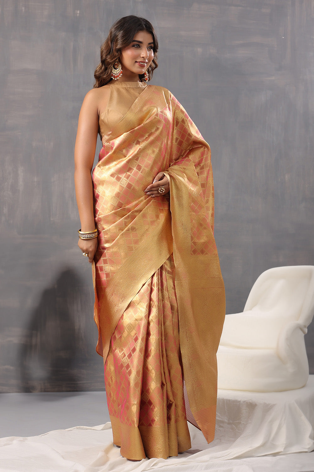 Golden & Coral Color Silk Woven Saree