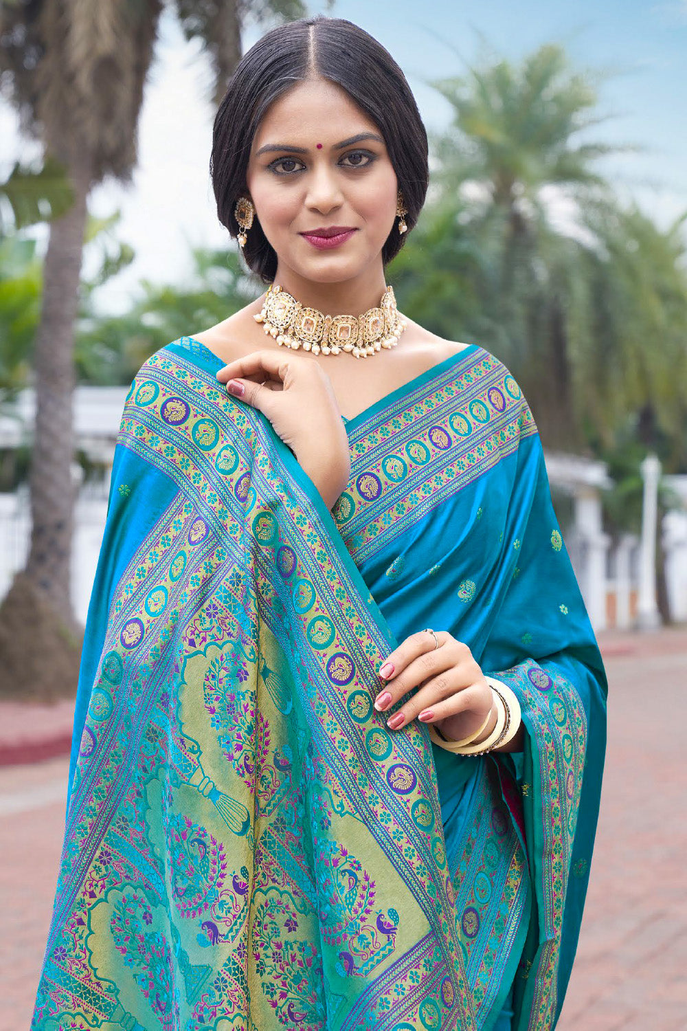 Turquoise Color Pathani Work Silk Saree