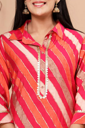 Orange & Fuchsia Color Muslin Printed Kurta Set