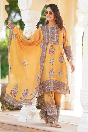 Mustard Color Crepe Neck Embroidered & Printed Suit With Palazzo