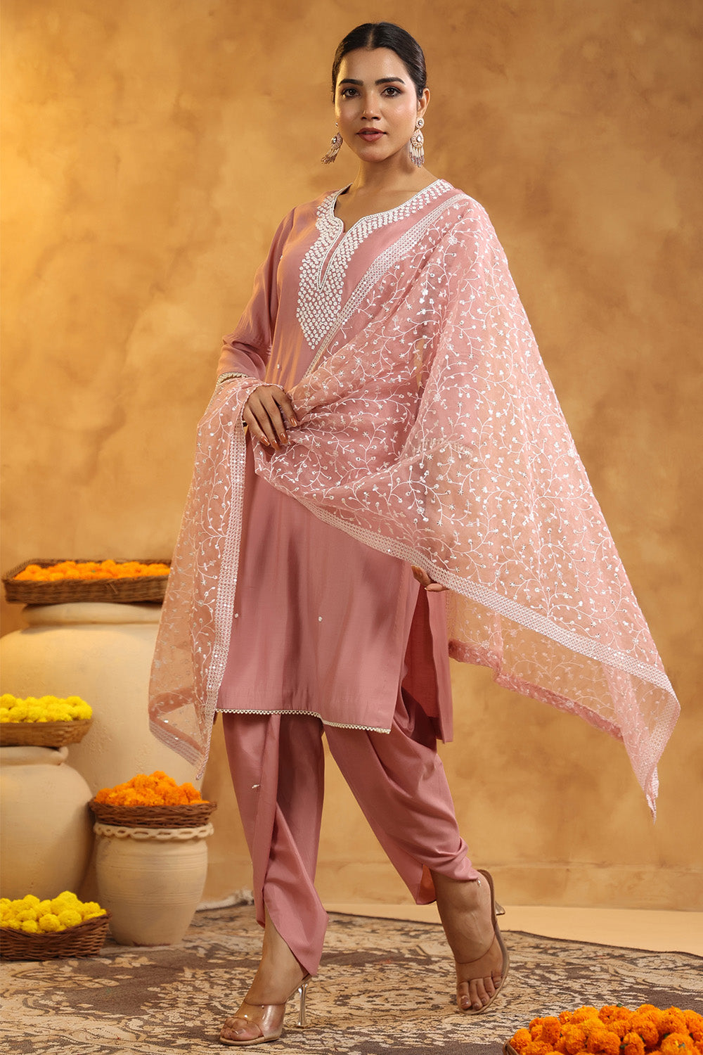 Dusty Pink Color Cotton Neck Embroidered Unstitched Suit Fabric