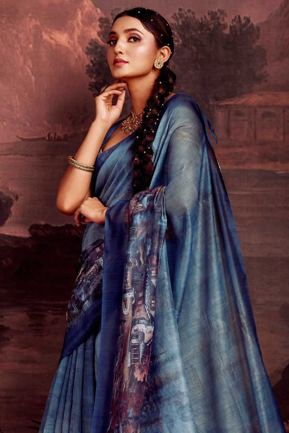 Blue Color Printed Chanderi Cotton Saree