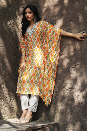 Cream & MustardColor Muslin Printed Kaftan Set