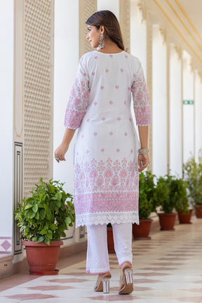 White & Pink Color Printed Cotton Suit