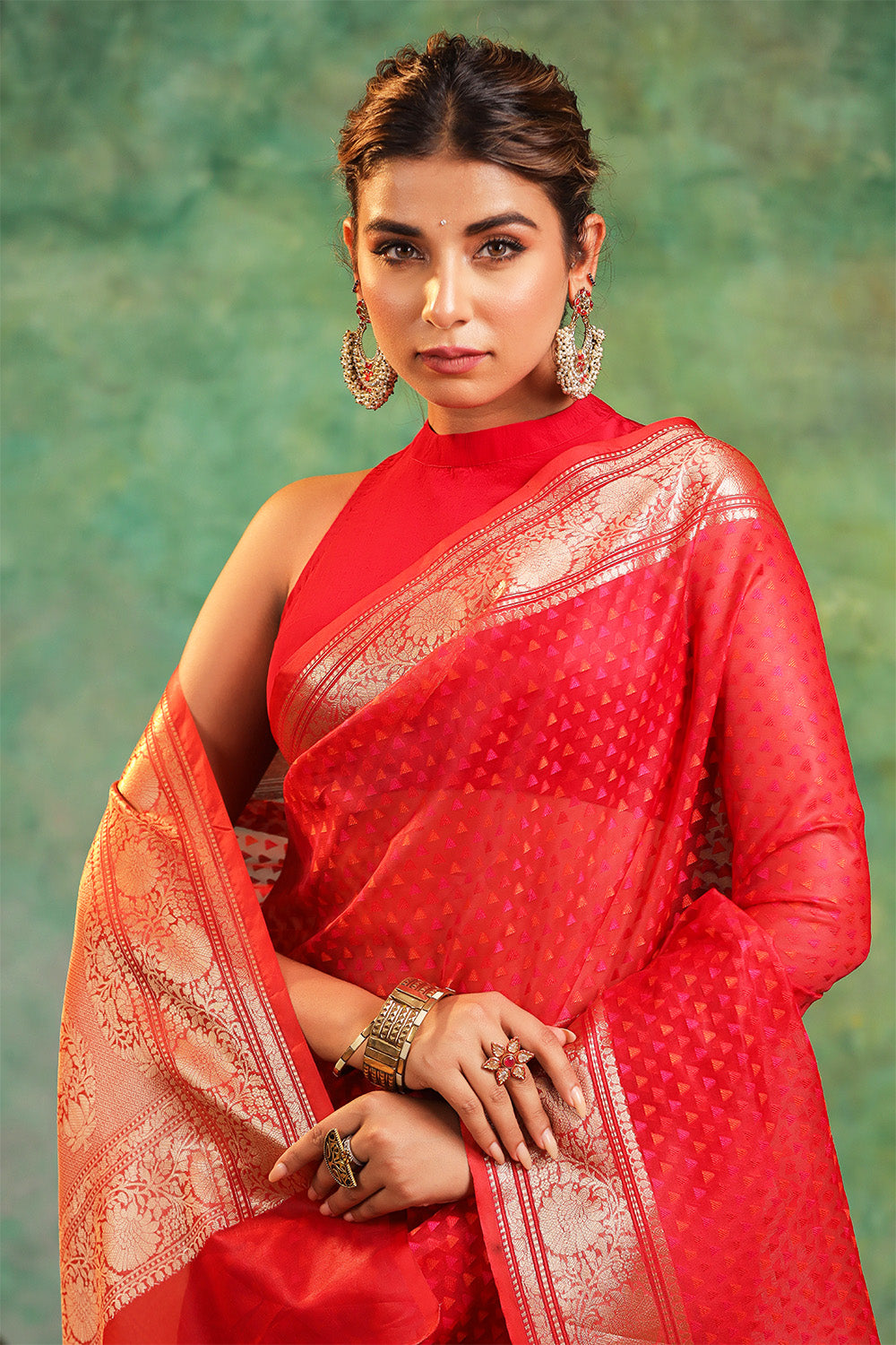 Red Color Woven Organza Silk Saree