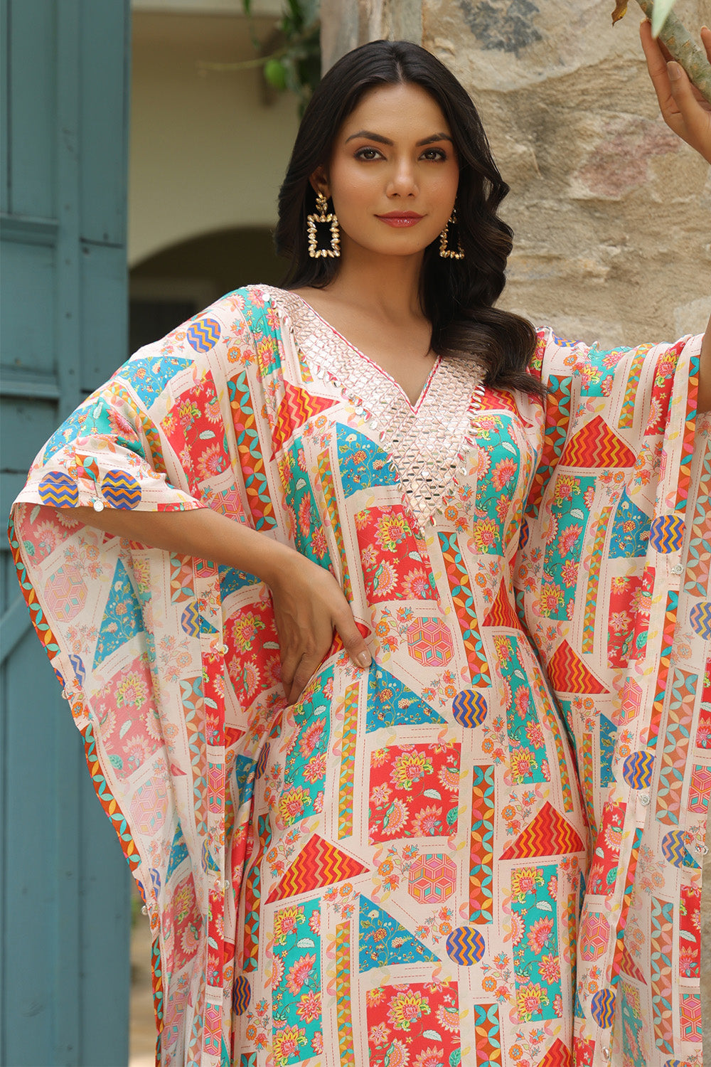 Beige Color Muslin Printed Kaftan Set