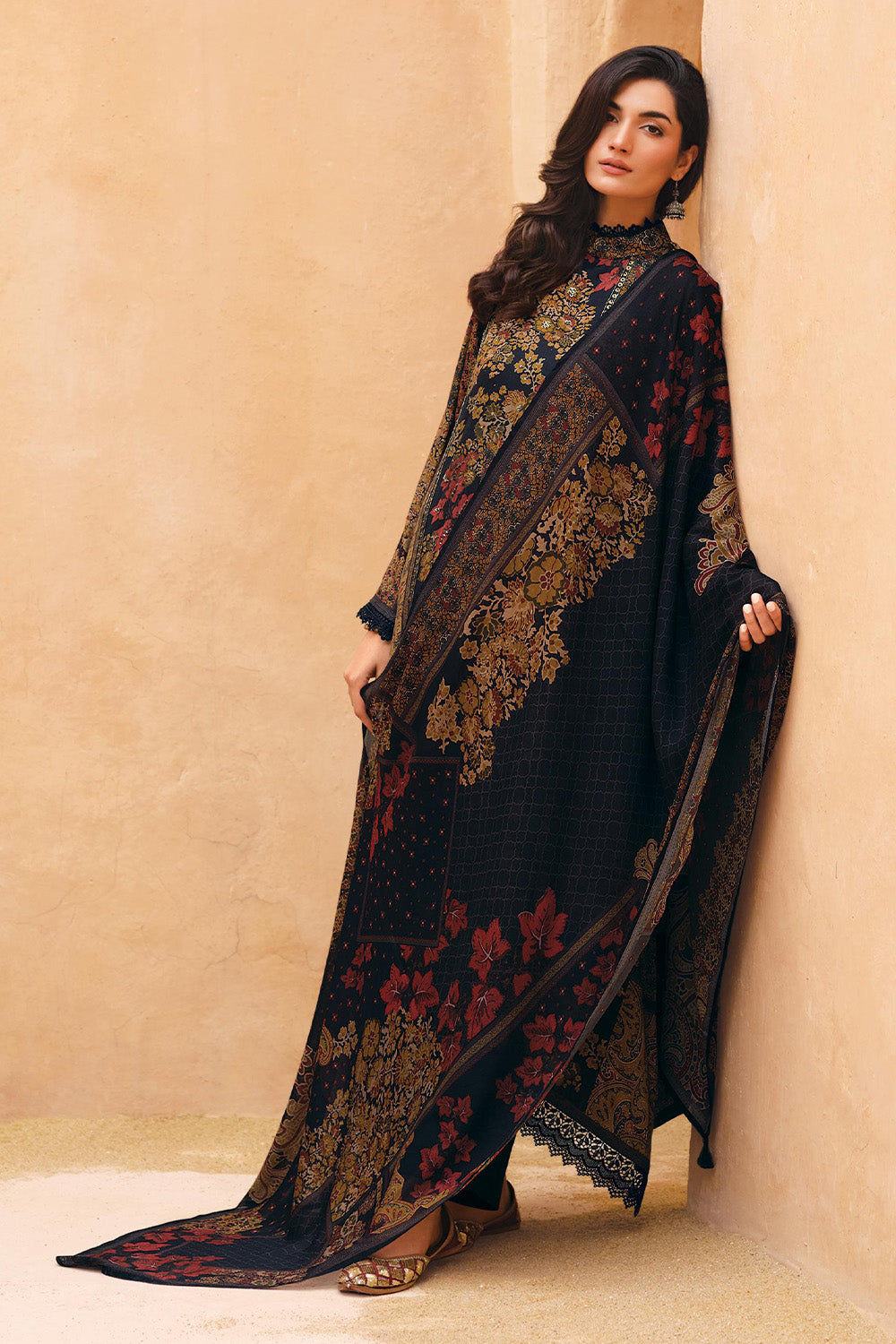 Black Color Floral Printed Spun Unstitched Suit Material