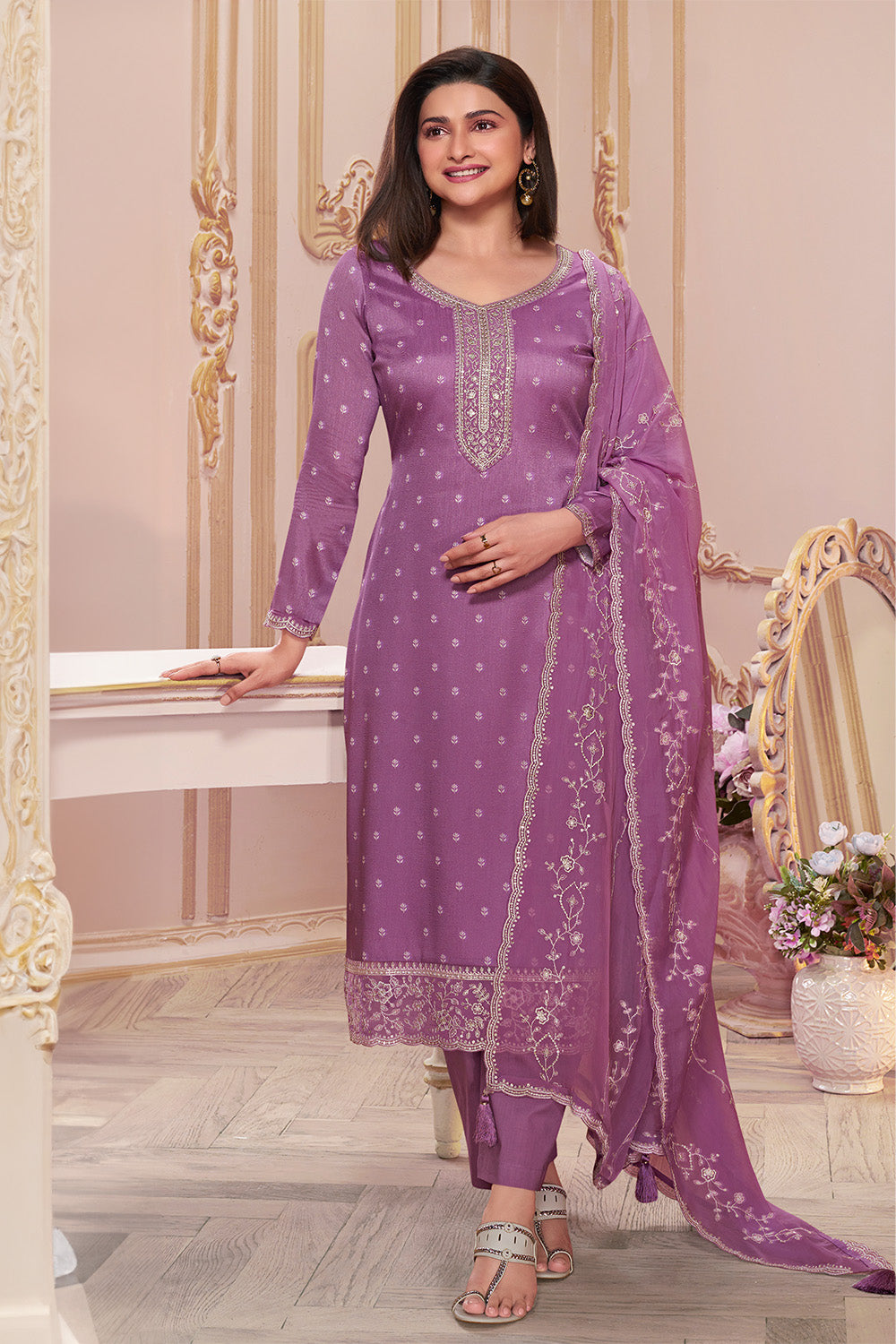 Lavender Color Embroidered Silk Unstitched Suit Material