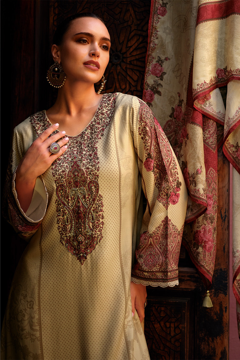 Cream Color Spun Printed & Embroidered Unstitched Suit