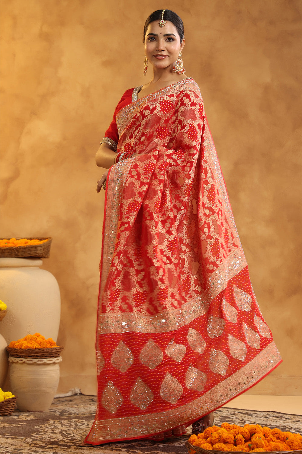 Red Color Khhadi Georgette Woven Saree