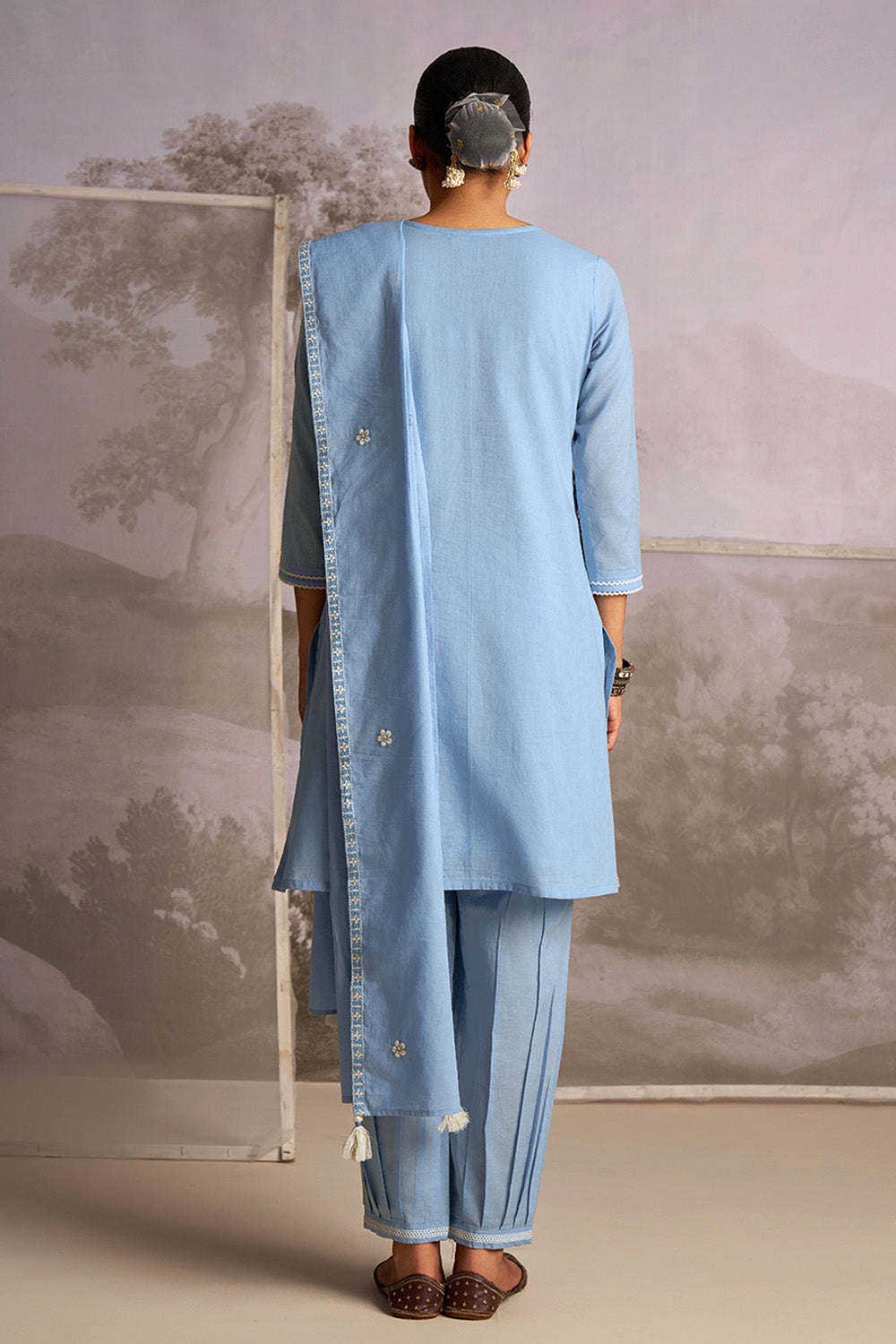 Powder Blue Color Cotton Resham Embroidered Suit