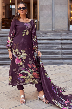 Plum Purple Color Spun Floral Printed Unstitched Suit