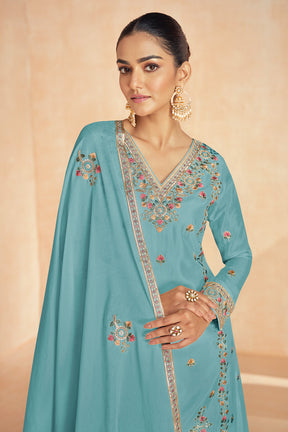 Turquoise Color Crepe Silk Resham Embroidered Suit With Palazzo