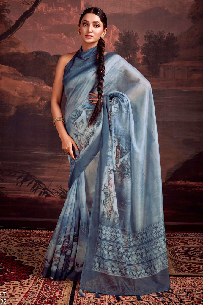 Regent Grey Color Printed Chanderi Cotton Saree