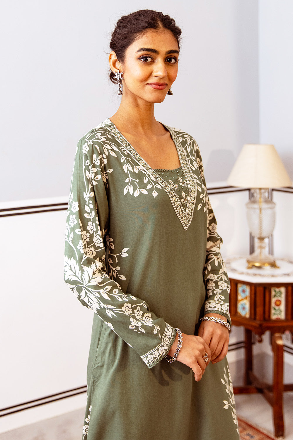 Green Color Floral Rayon Printed Kurta Set With Palazzo