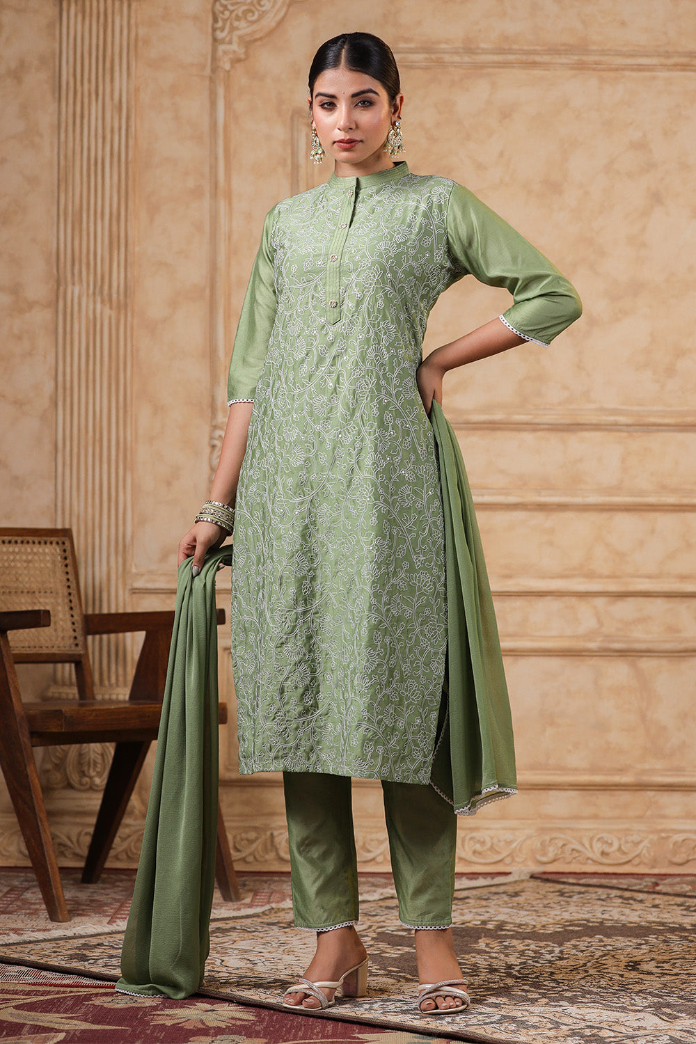 Green Color Chanderi Resham Embroidered Straight Suit