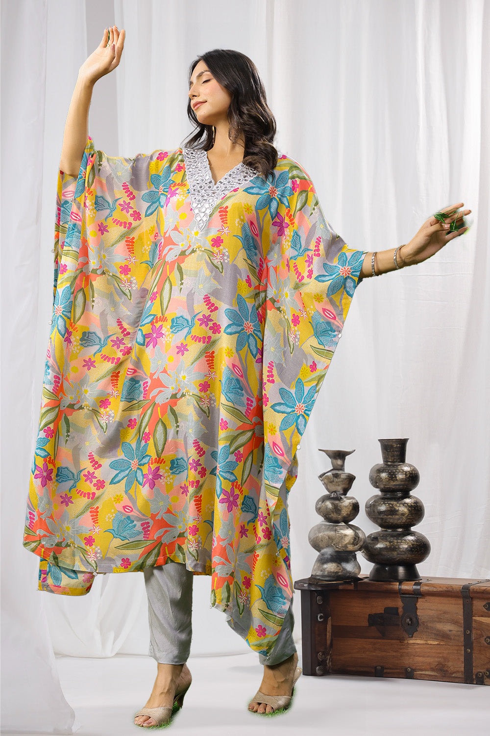 Grey & Mustard Color Muslin Printed Kaftan Set