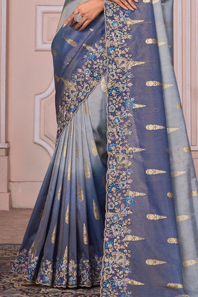 Indigo Color Silk Tissue Fabric Woven & Embroidered Saree