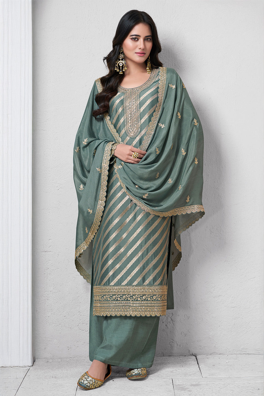 Sea Green Organza Zari Woven And Embroidered Unstitched Suit Material