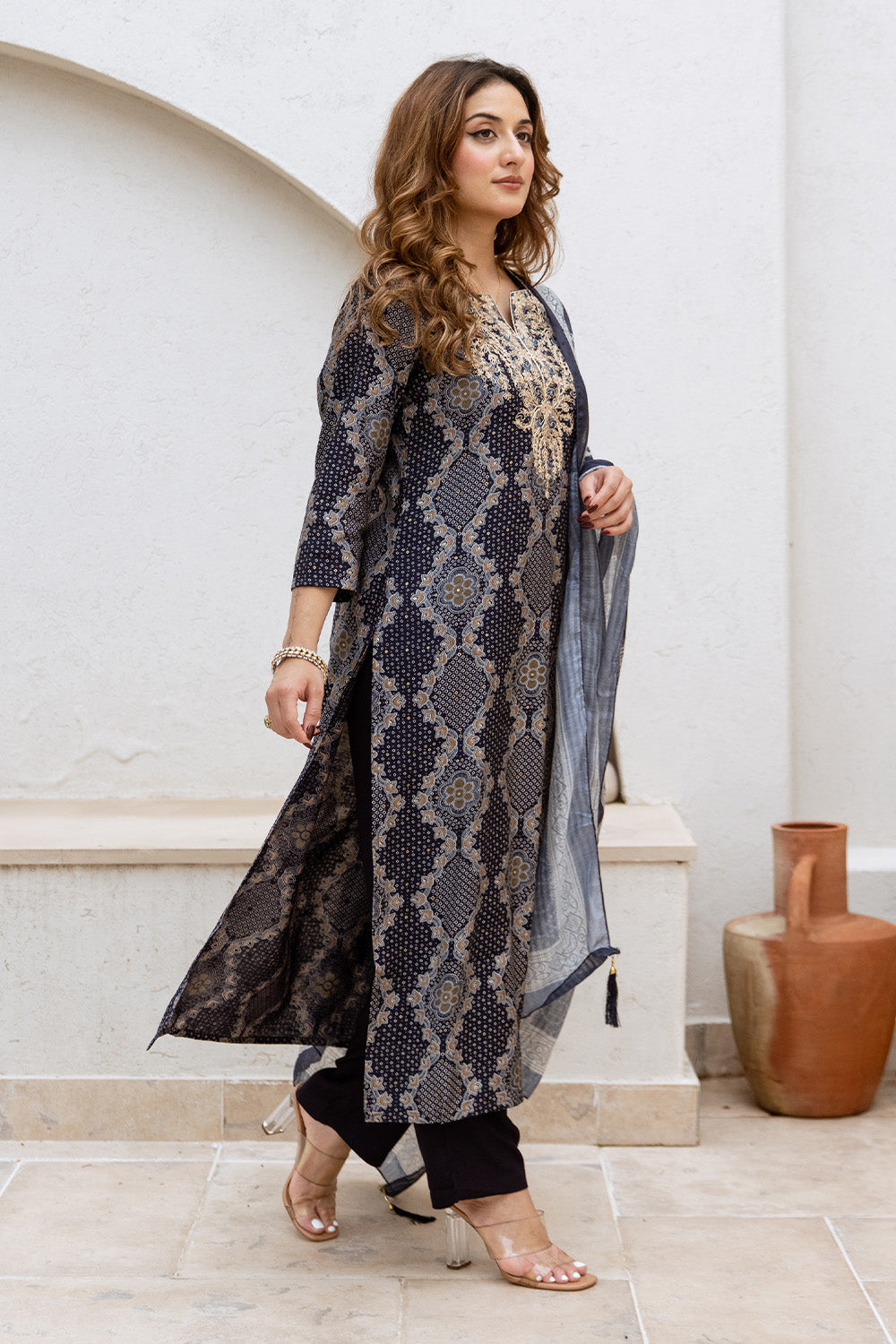 Navy Blue Color Printed & Neck Embroidered Muslin Suit