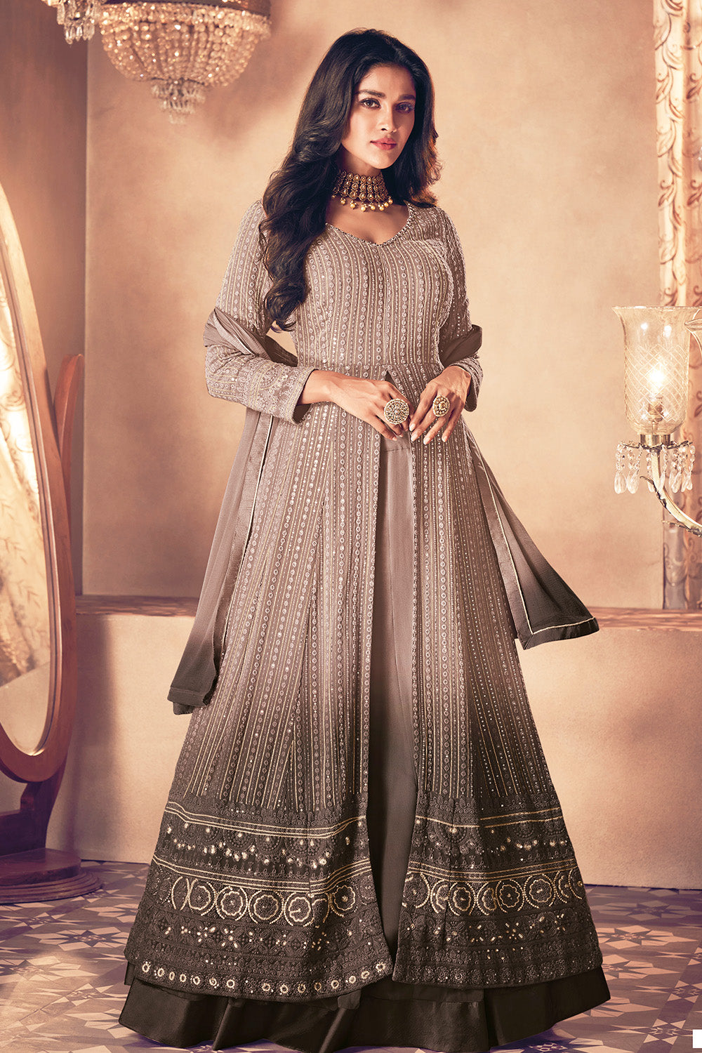 Beige Color Embroidered Georgette Suit With Skirt